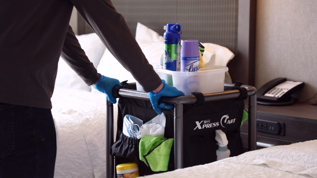 Housekeeping cart in guest room.